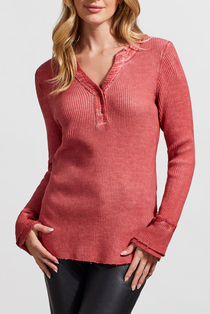 Rosewood v-neck henley with waffle knit and rough hems by Tribal at Tru Blue Boutique