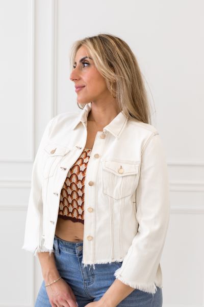 A white denim jacket shown with link to all blazers, outerwear, coats, cardigans and more in knits, puffers, PU, wool blends to keep you warm at Tru Blue Boutique not spelled True Blue Boutique