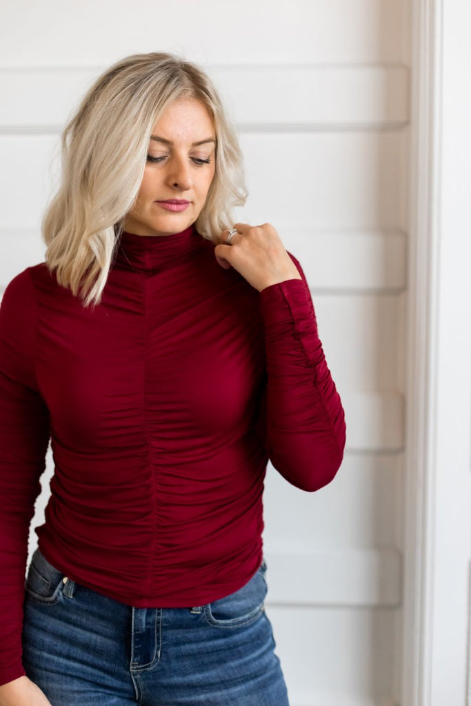 Deep red ruched turtleneck knit top - Tru Blue Boutique