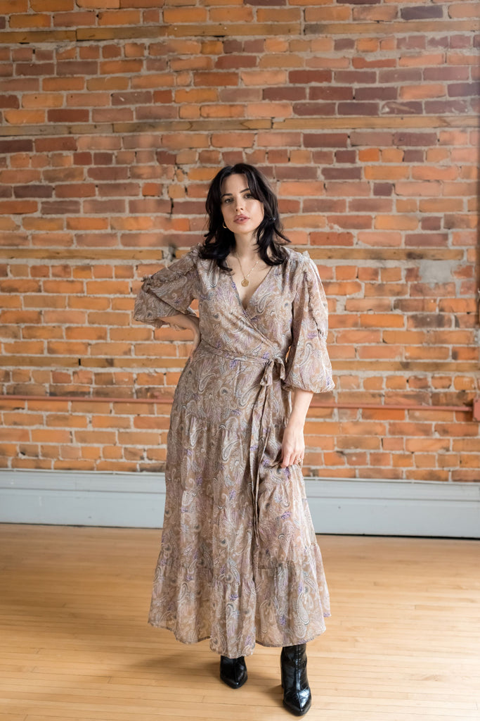 Paisley Wrap Dress in neutral tones with tiered skirt - Tru Blue Boutique