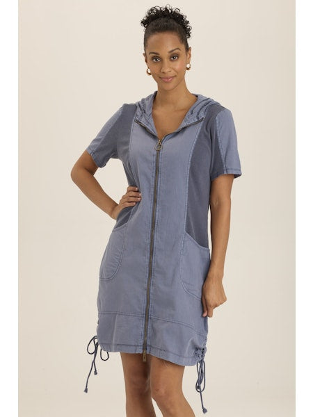 Linen zipper front dress with hood in light denim blue - Tru Blue Boutique