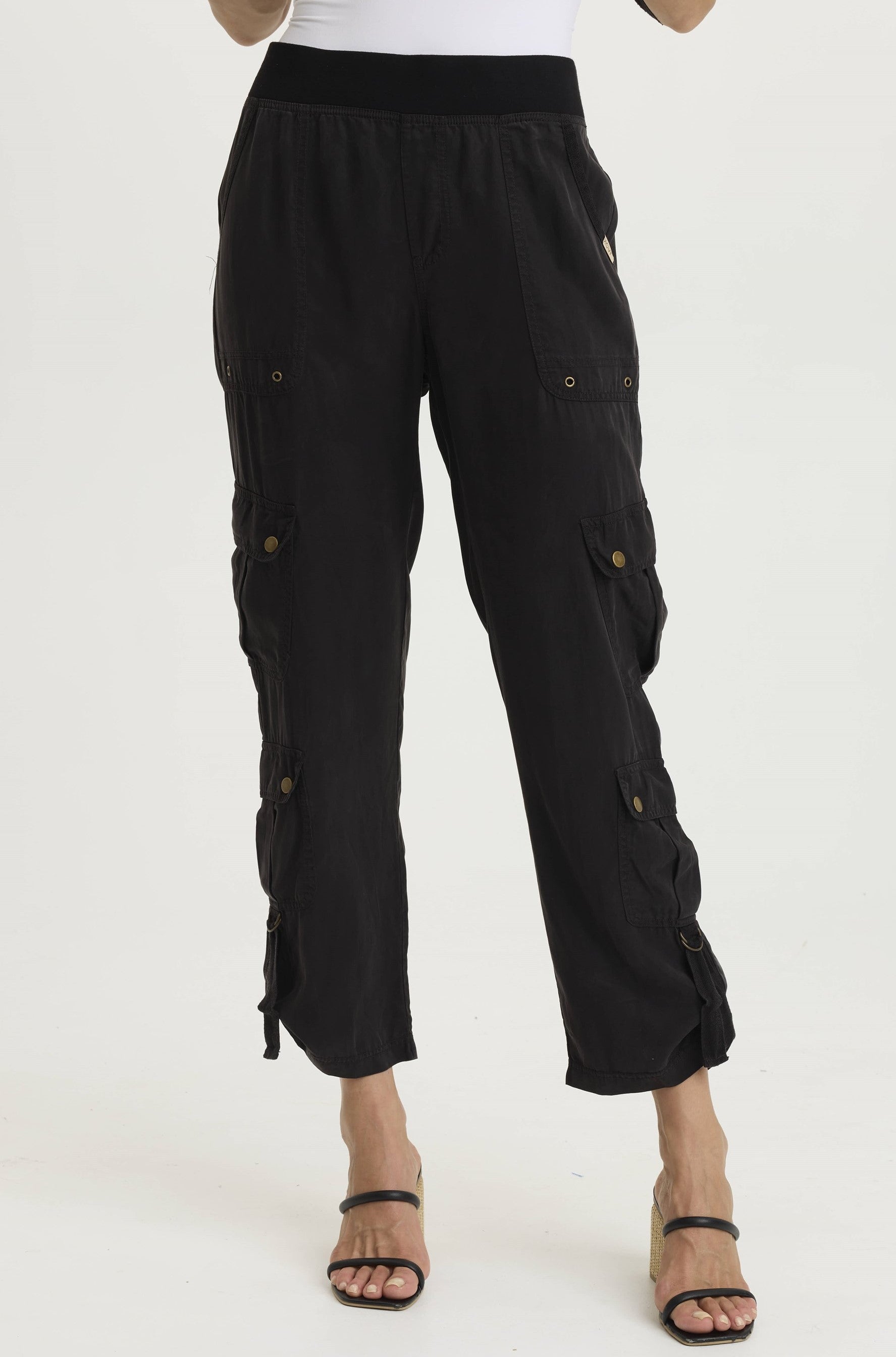 Black Cargo pant with pockets, elastic waist and tie cuffs - Tru Blue Boutique