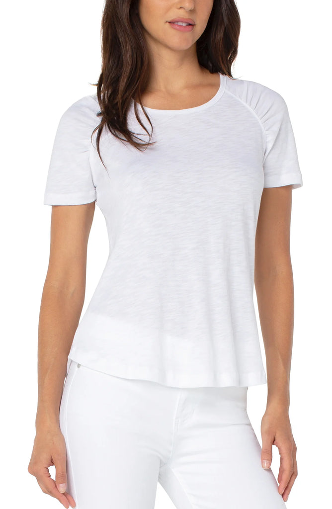 White tee with slub knit and ruched sleeves by Liverpool at Tru Blue Boutique