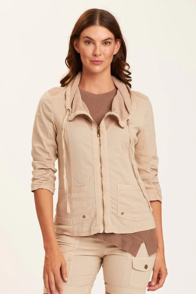 Summer jacket with zip clowure and mesh cowel collar in sand or olive by XCVI Wearables at Tru Blue Boutique
