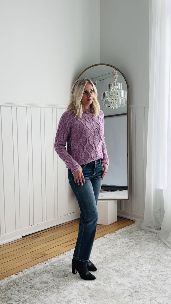 Pink cable knit sweater and straight leg jeans - Tru Blue Boutique