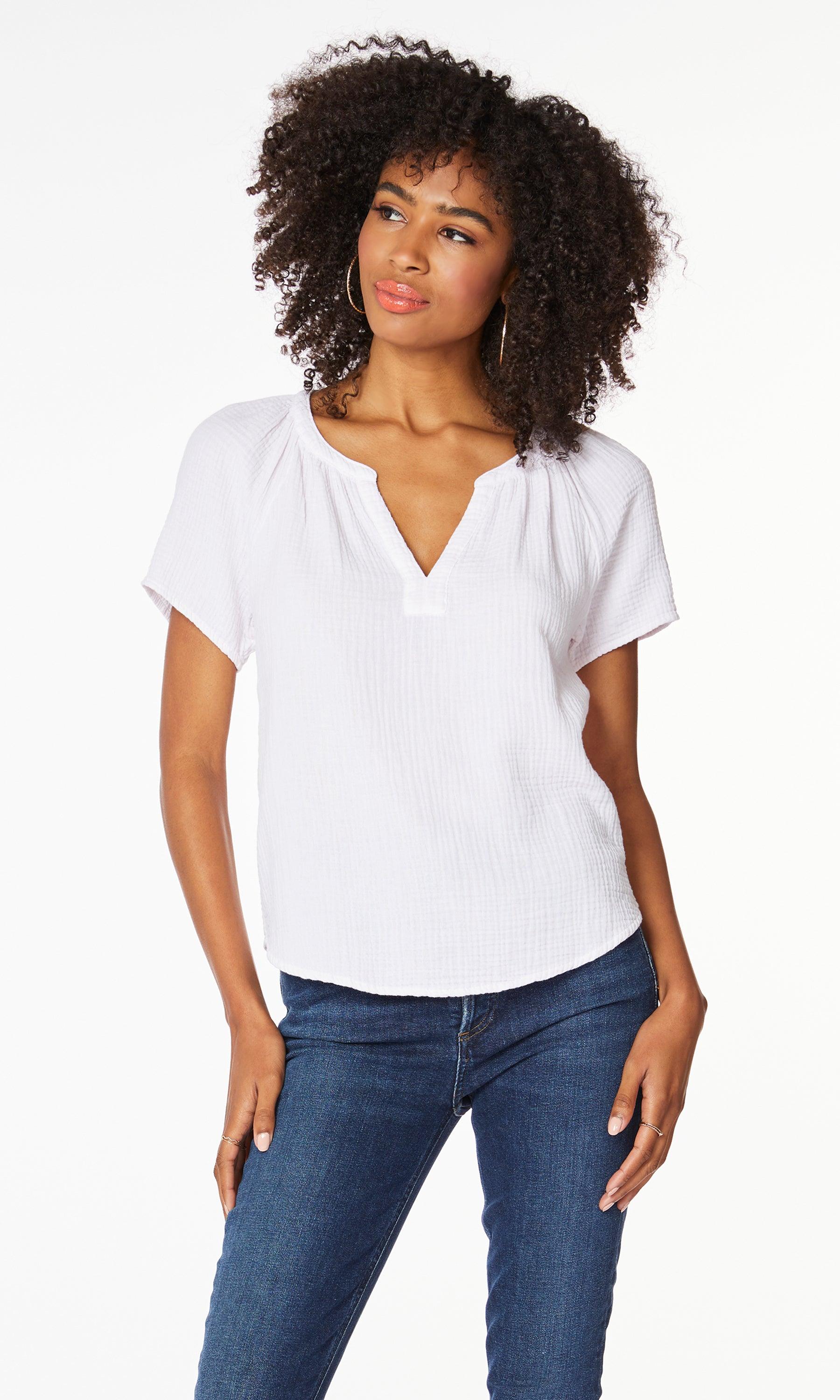 This boho-inspired top is made in our bestselling medium-weight gauze, with feminine shirring details at the neck, flutter sleeve, and a split neck placket.