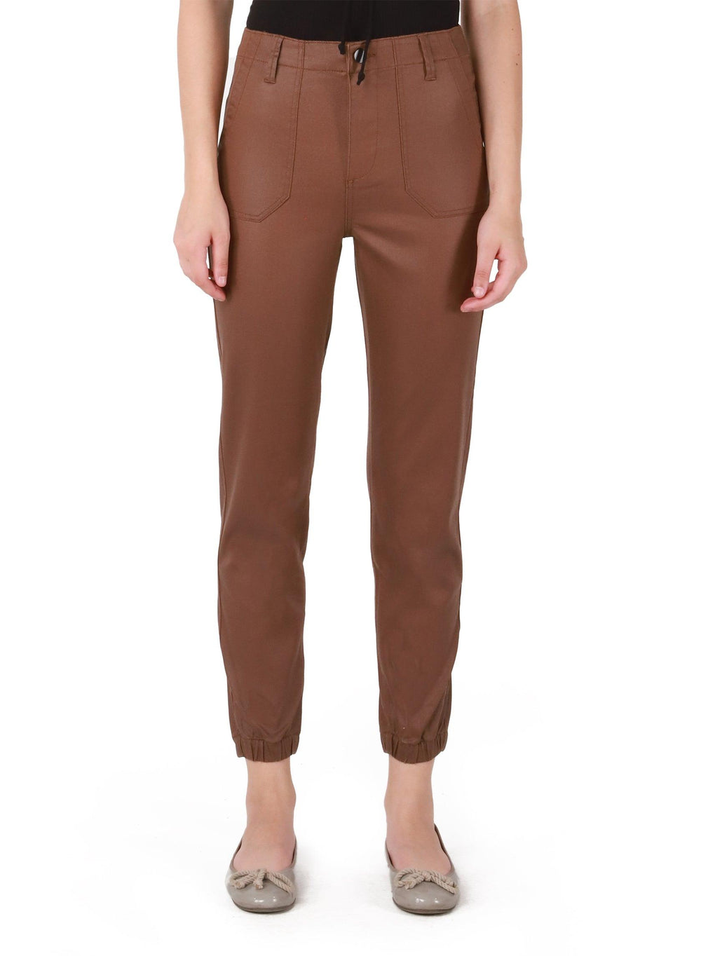 Dex chocolate coated jogger with pockets and zip at ankle. 