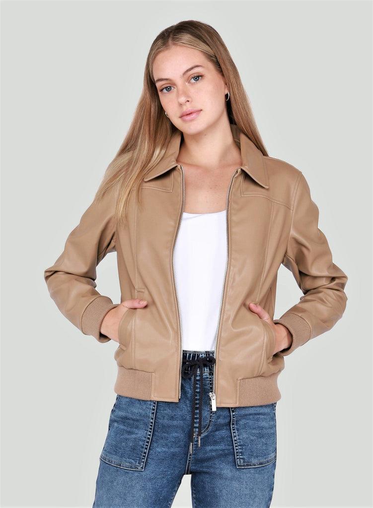 A tan faux leather jacket is the cutest trend around and here's a color you can wear spring and fall! Front zip, collar and slant pockets with cuff at sleeves and hem.
