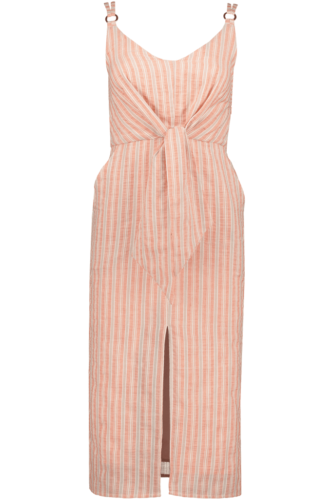 Bishop & Young Maldives summer dress is a Cotton straight midi in light verticle stripes with waist tie at Tru Blue Boutique