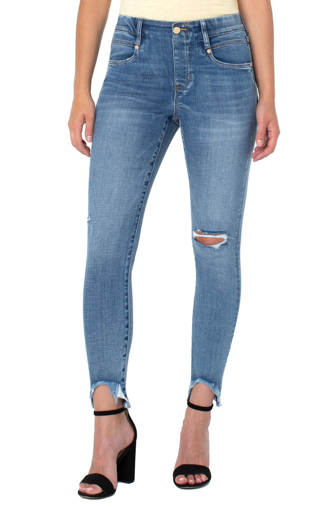 Liverpool Gia Glider Curved Fray Hem in Johnson a pull-on, 5 pocket jean at Tru Blue Boutiquer