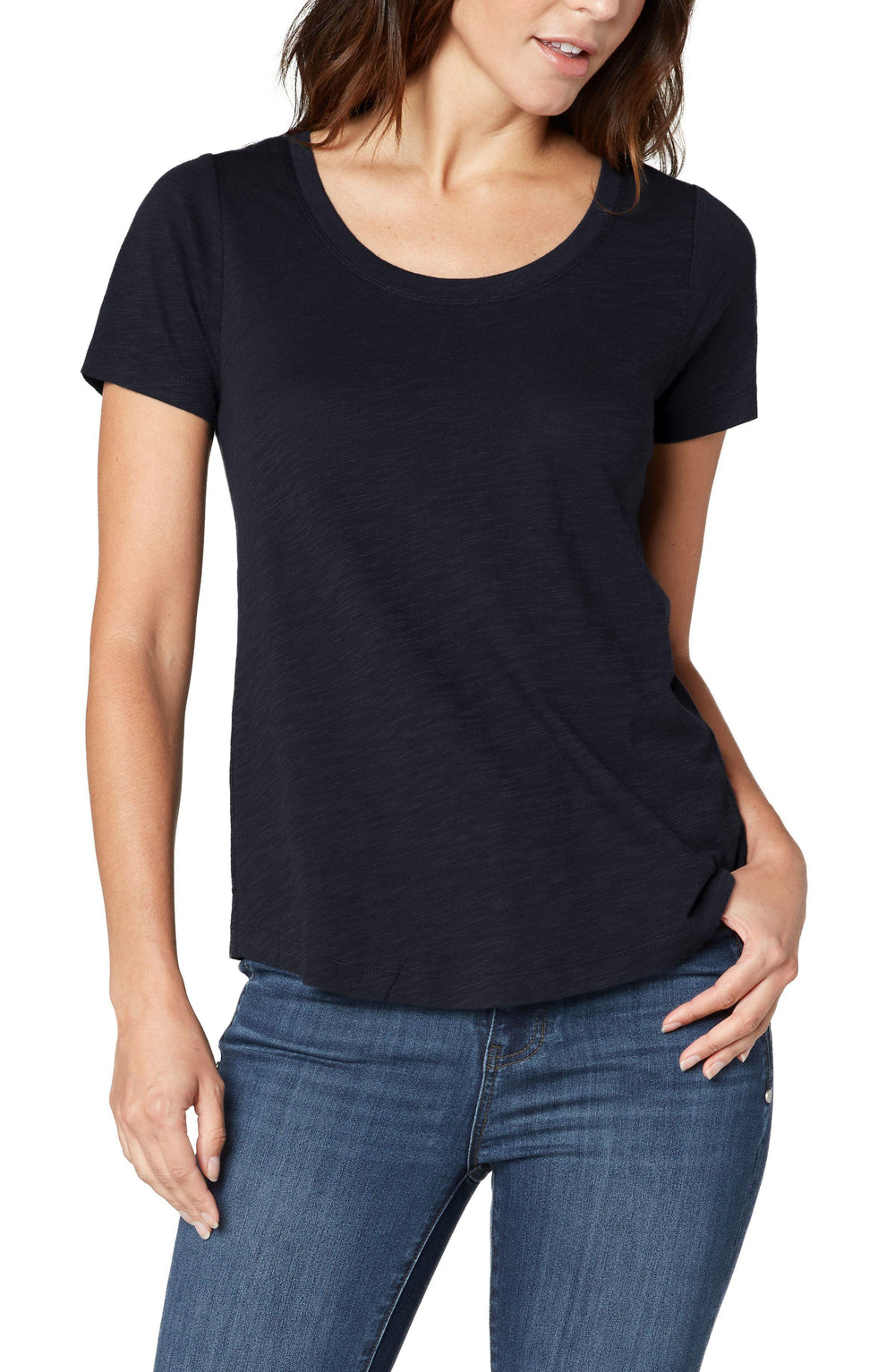 A twist on your basic tee with cotton modal slub knit and a scoop neckline.  Liverpool