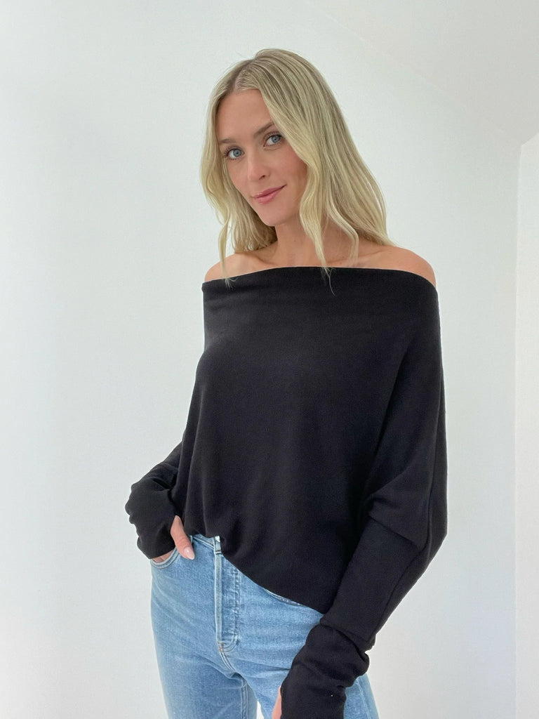 Six Fifty. crepe hacci material, this top is a best seller for a reason. It can be worn three ways - on both shoulders for more of a cowl neck, off both shoulders, or off either shoulder