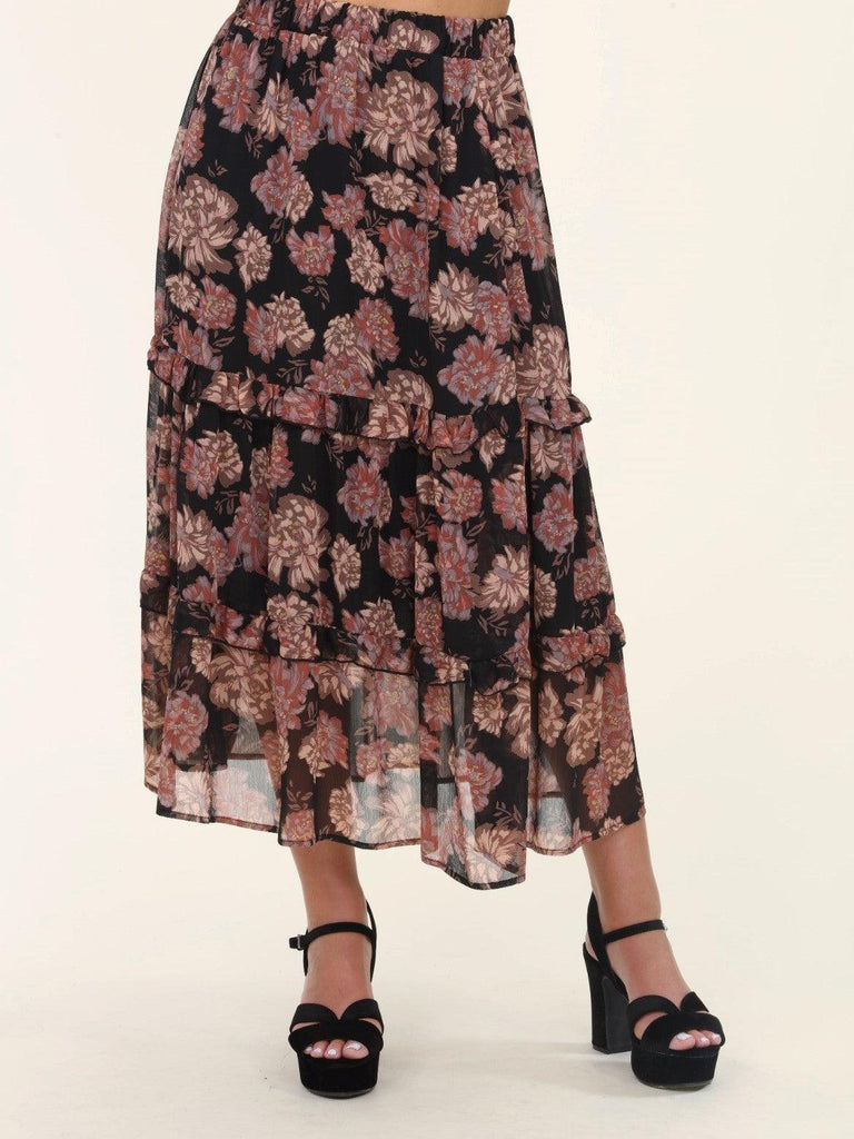 A  tiered midi skirt in chiffon floral on black by Veronica M
