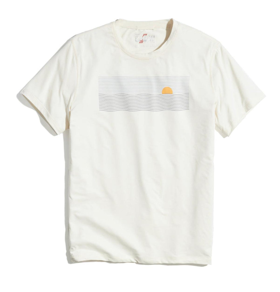 Recycled Sport Graphic Tee is stretchy yet breathable in white with sun and waves graphic by Marine Layer- Tru Blue