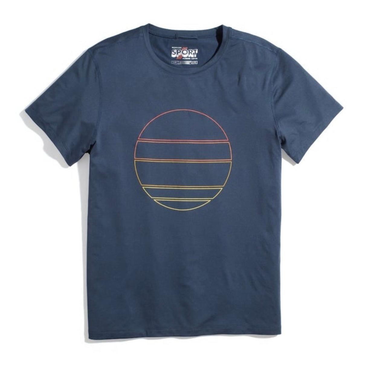Sport Crew Graphic Tee with sun graphic stretchy yet breathable. It's carbon-peached on the face for softness by Marine Layer.- Tru Blue